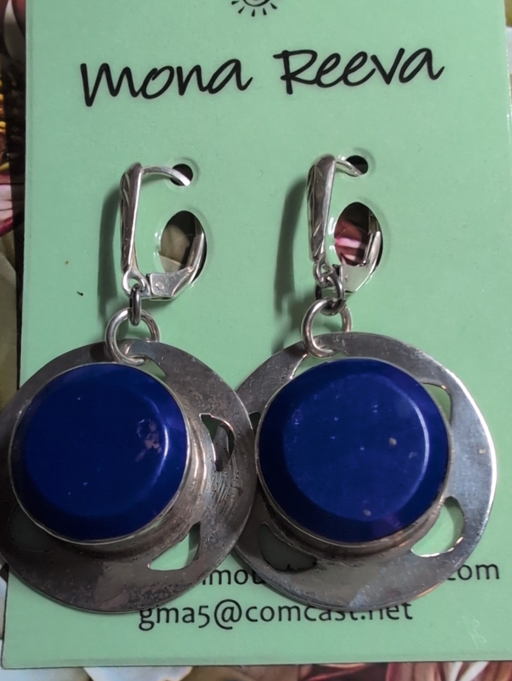 Vintage Blue Lapis Lazuli Disc Drop Earrings On Sterling Silver